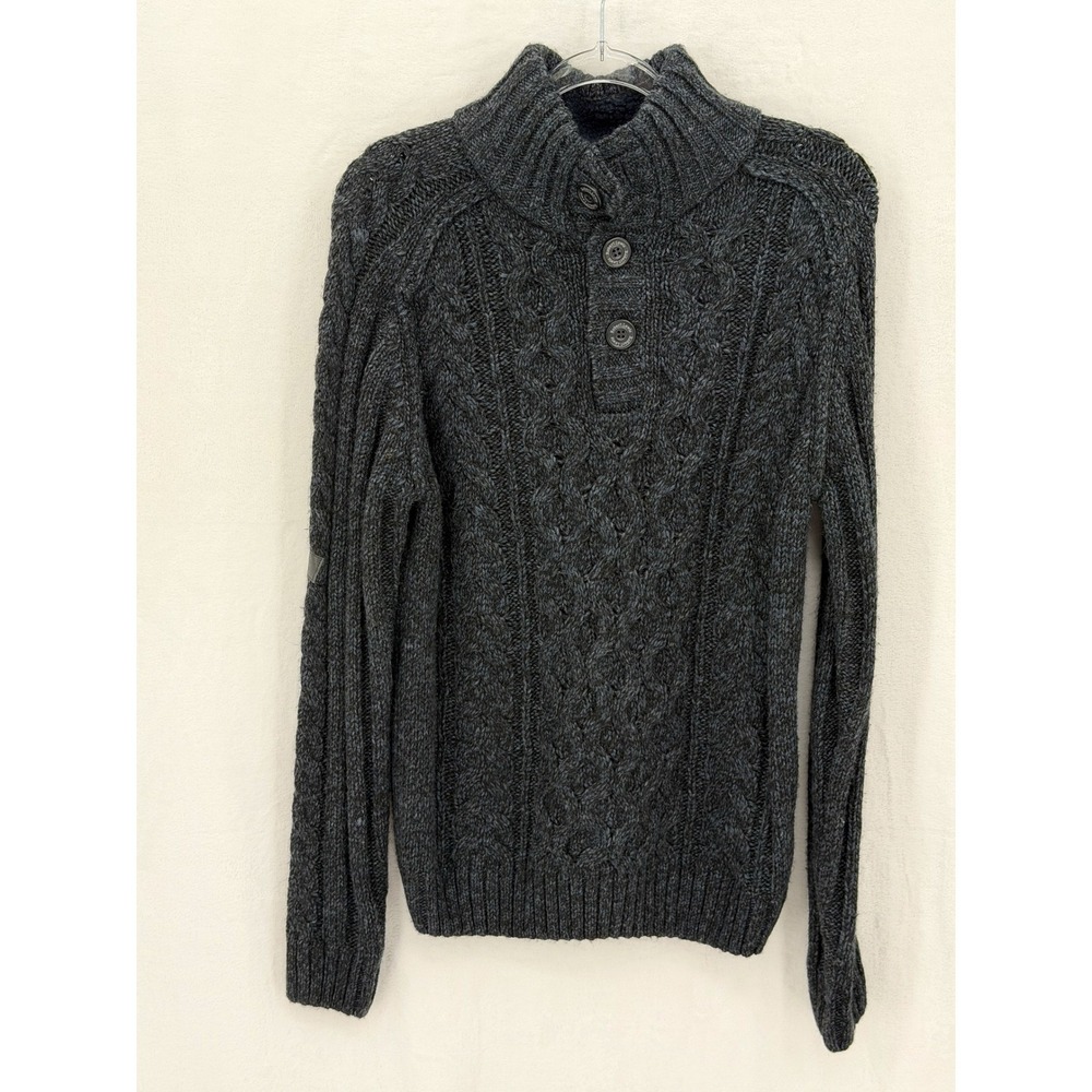 Robert Lewis Sweater Mens Small Navy Black Cable Chunky Knit Mock Neck Fisherman